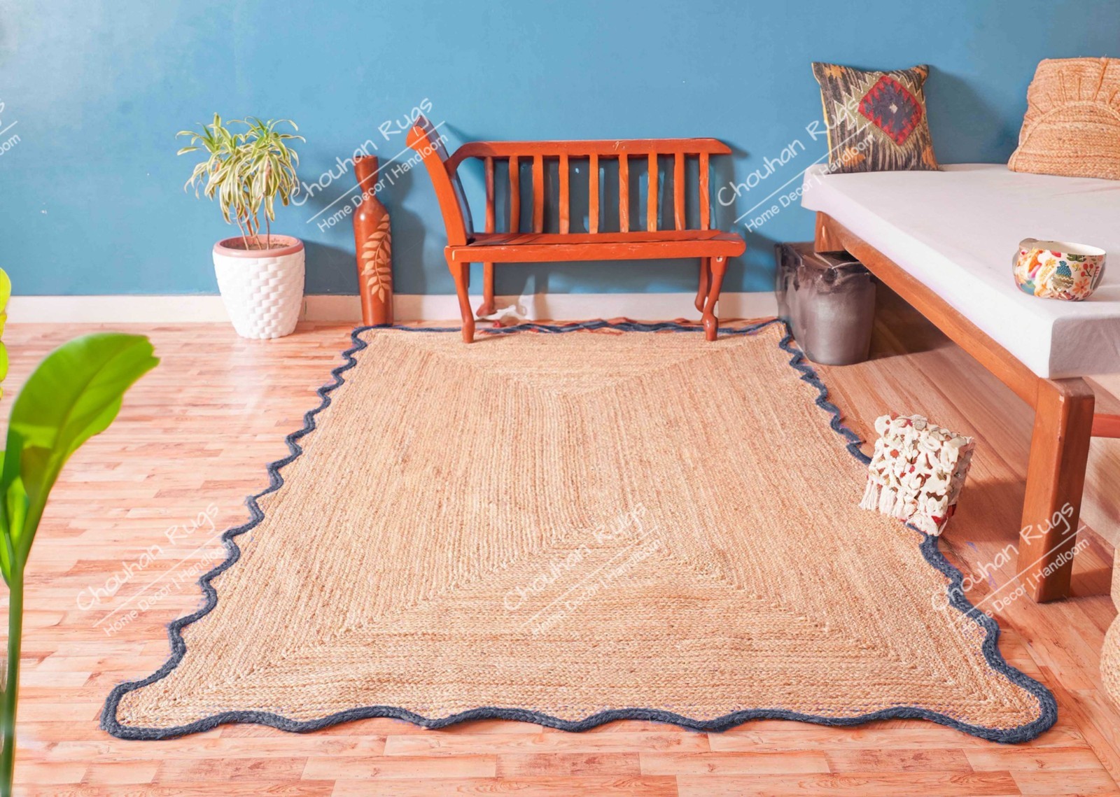 Handmade Natural Jute Rug with Navy Blue Border hallway Runner rug Kitchen Rug