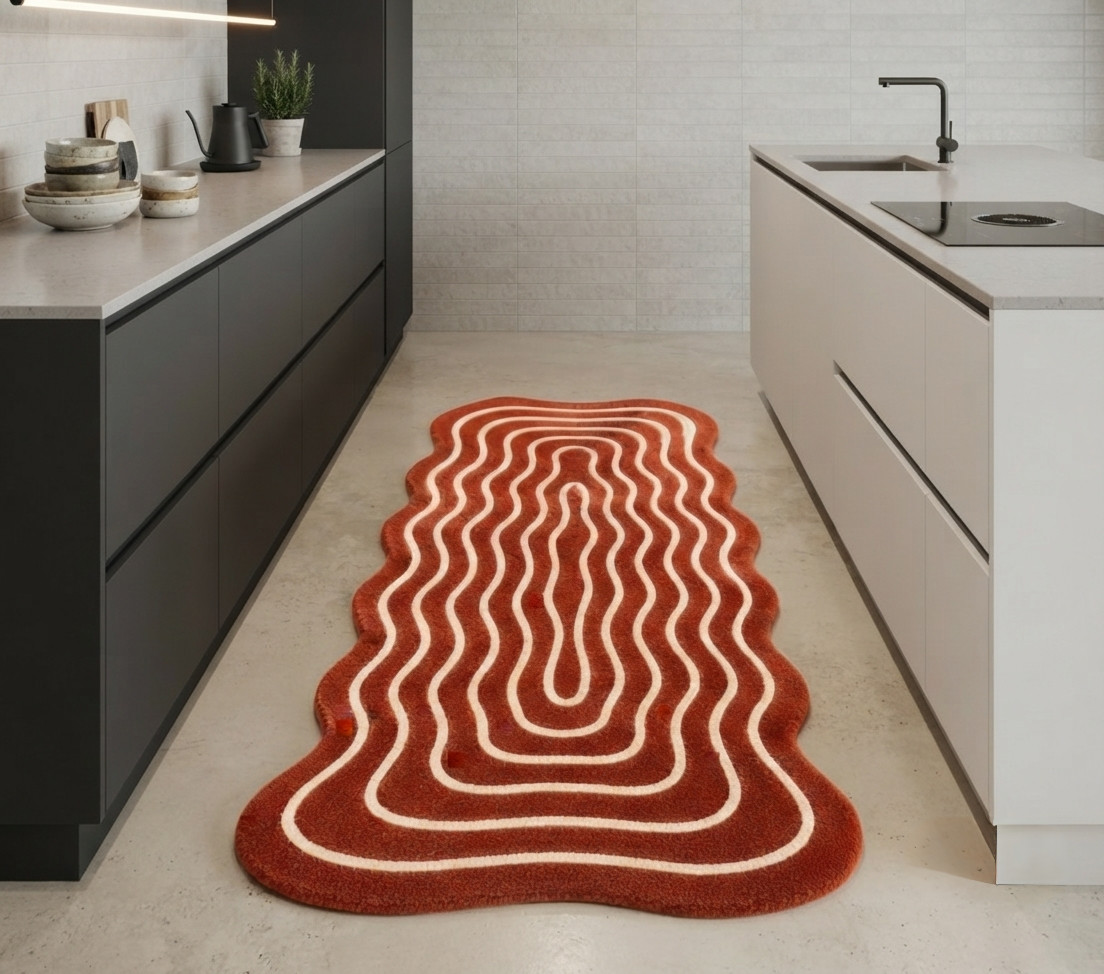 Handmade 3×8 Ft Wavy Abstract Area Rug Modern Wool Hallway Runner Custom Carpet