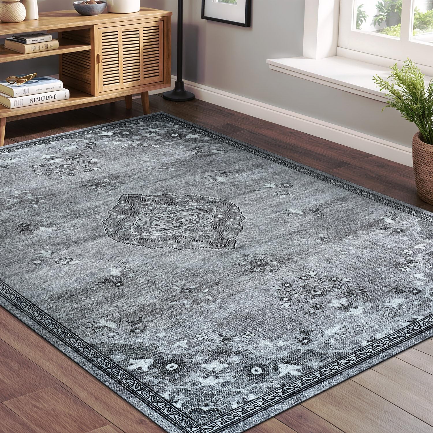 Beverly Rug Non Slip Rugs 5X7 Boho Medallion Floral Non Skid Rubber Backing