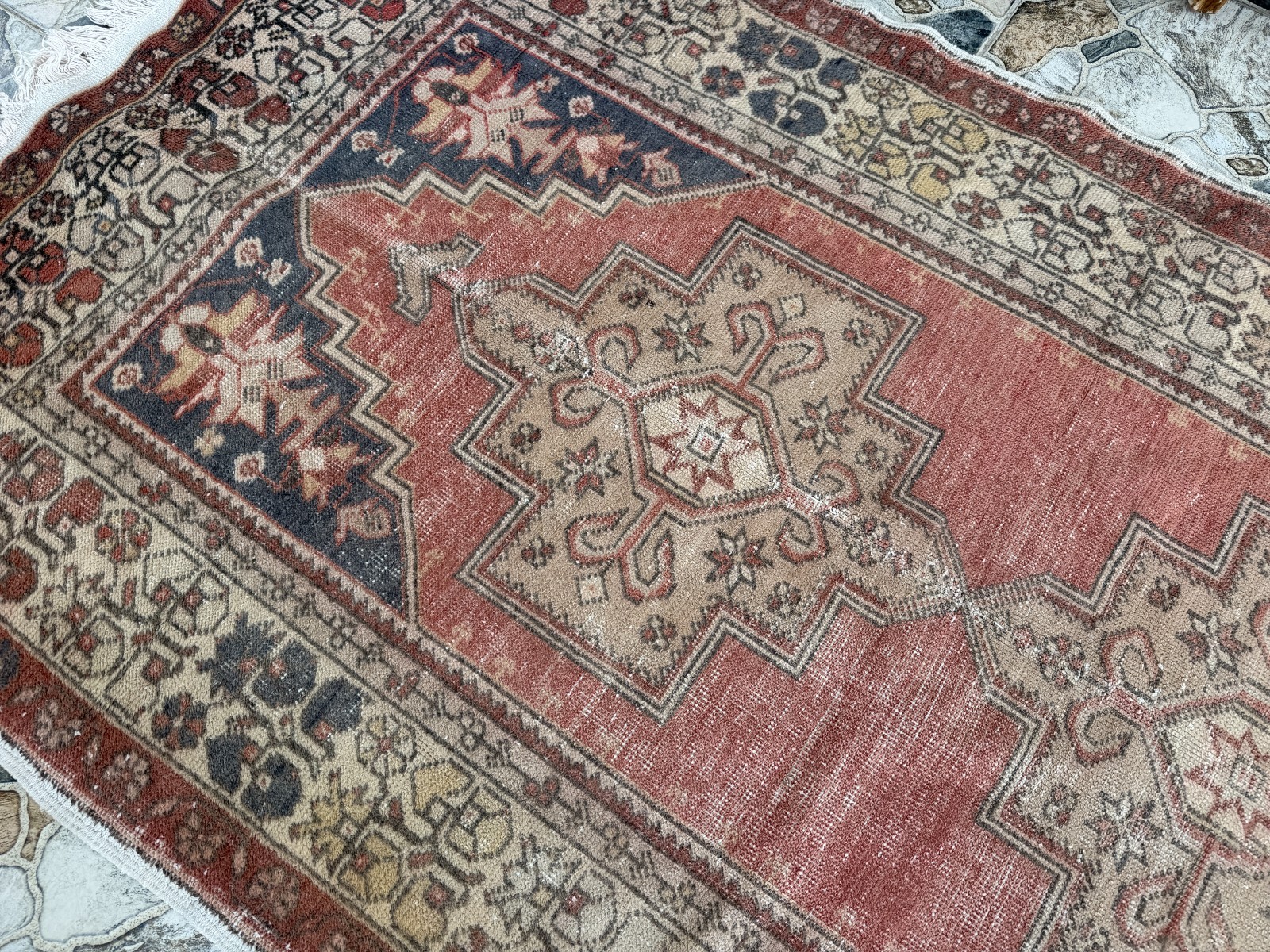 1970s Vintage Turkish Oushak Rug, Tribal Handmade Geometric Area Carpet 4×8 ft
