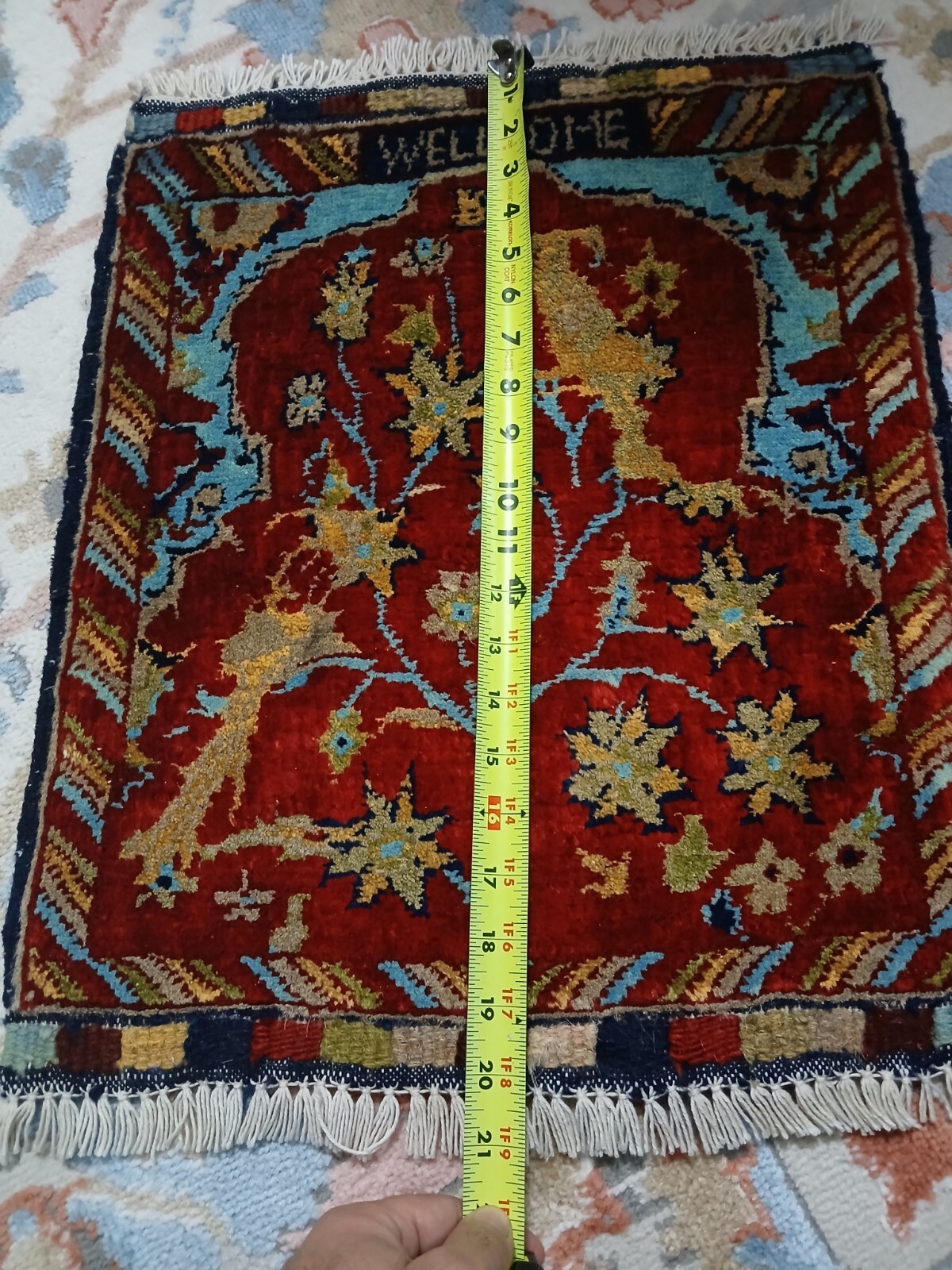 Mini Hand-knotted Welcome Rug, Soft Wool Pile, Chair Car Seat Rug 20×17 Inch