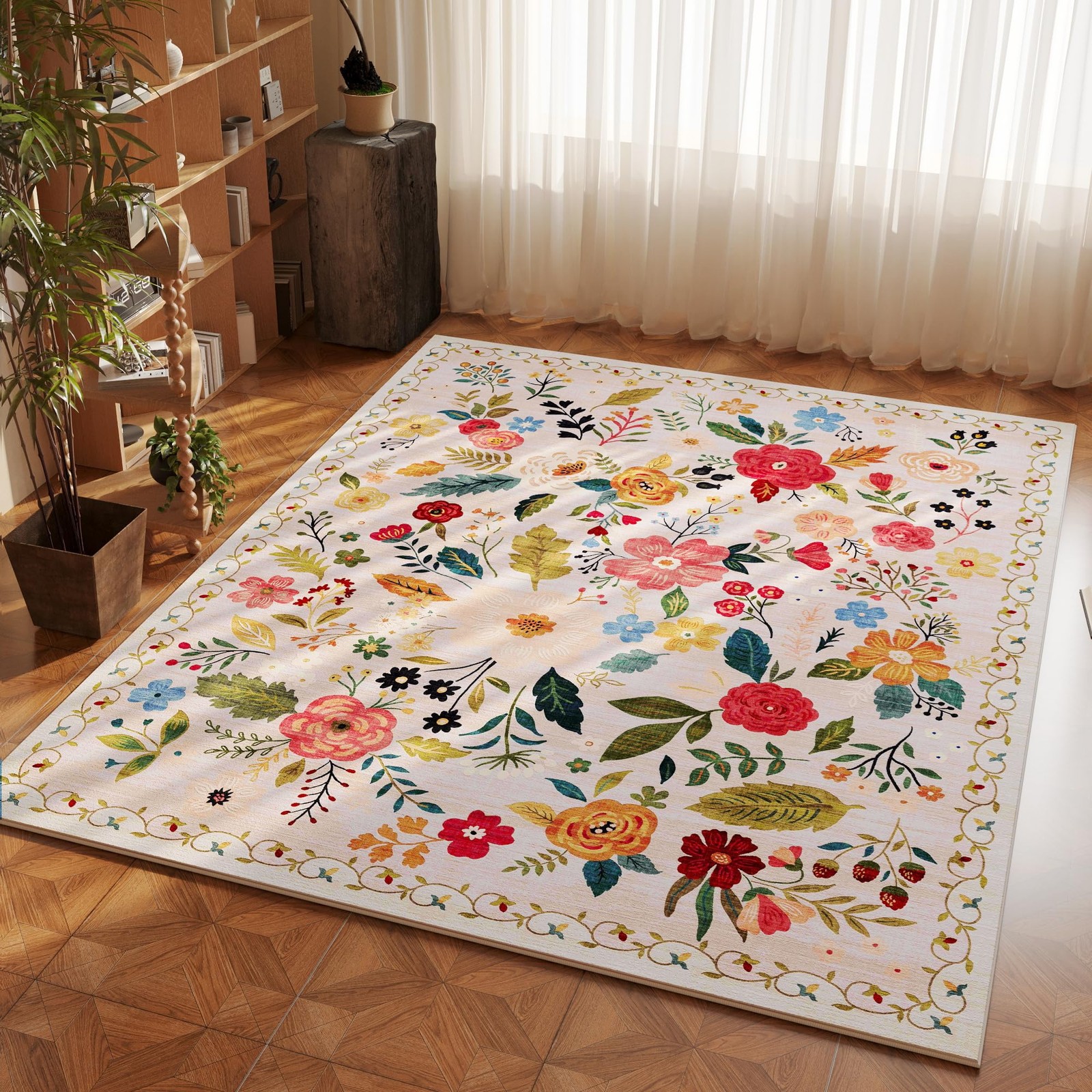Washable 3×5 Boho Floral Rug, Non-Slip Low Pile Carpet for Bedroom & Kitchen
