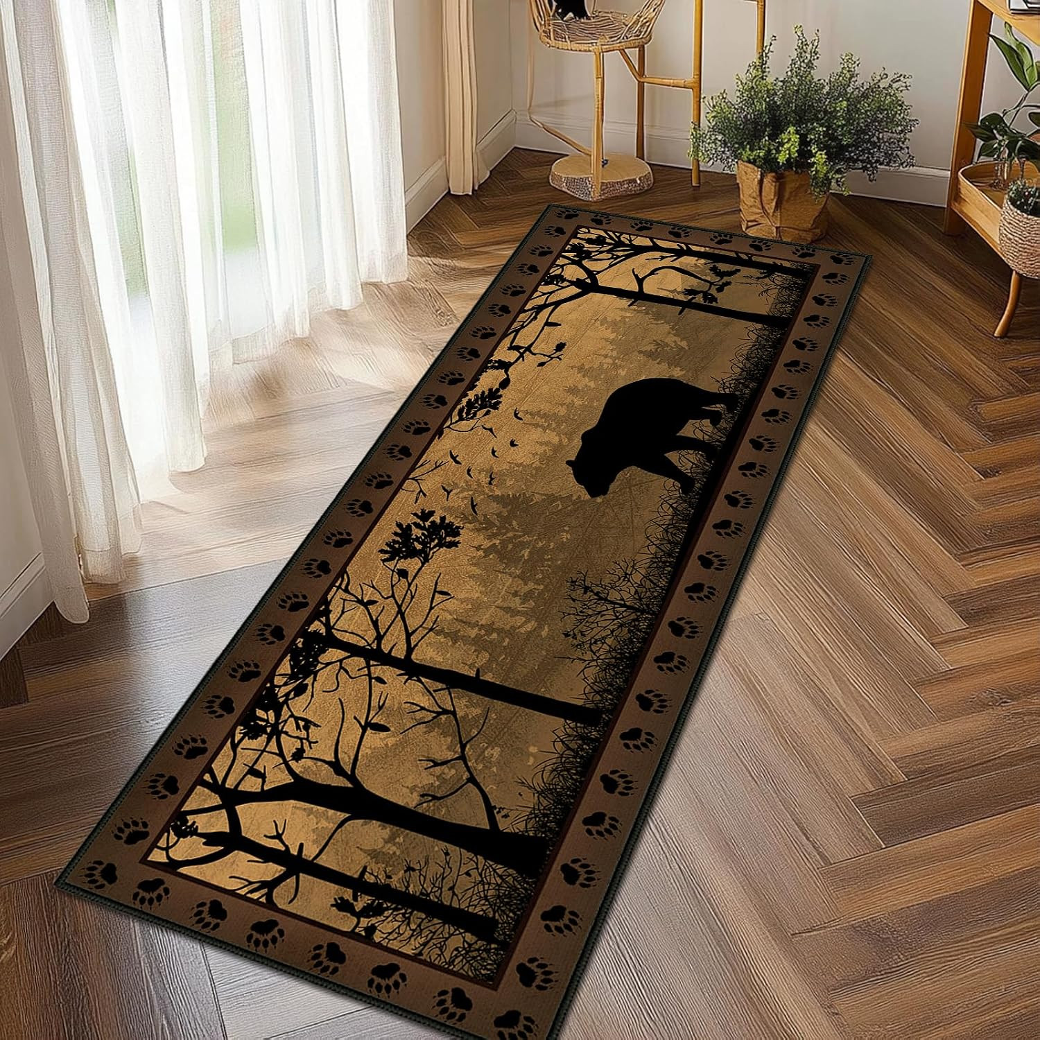 Rustic Rugs for Bathroom,Bear Country Cabin Wildlife Runner Rug 2X5 Rugs for Hal
