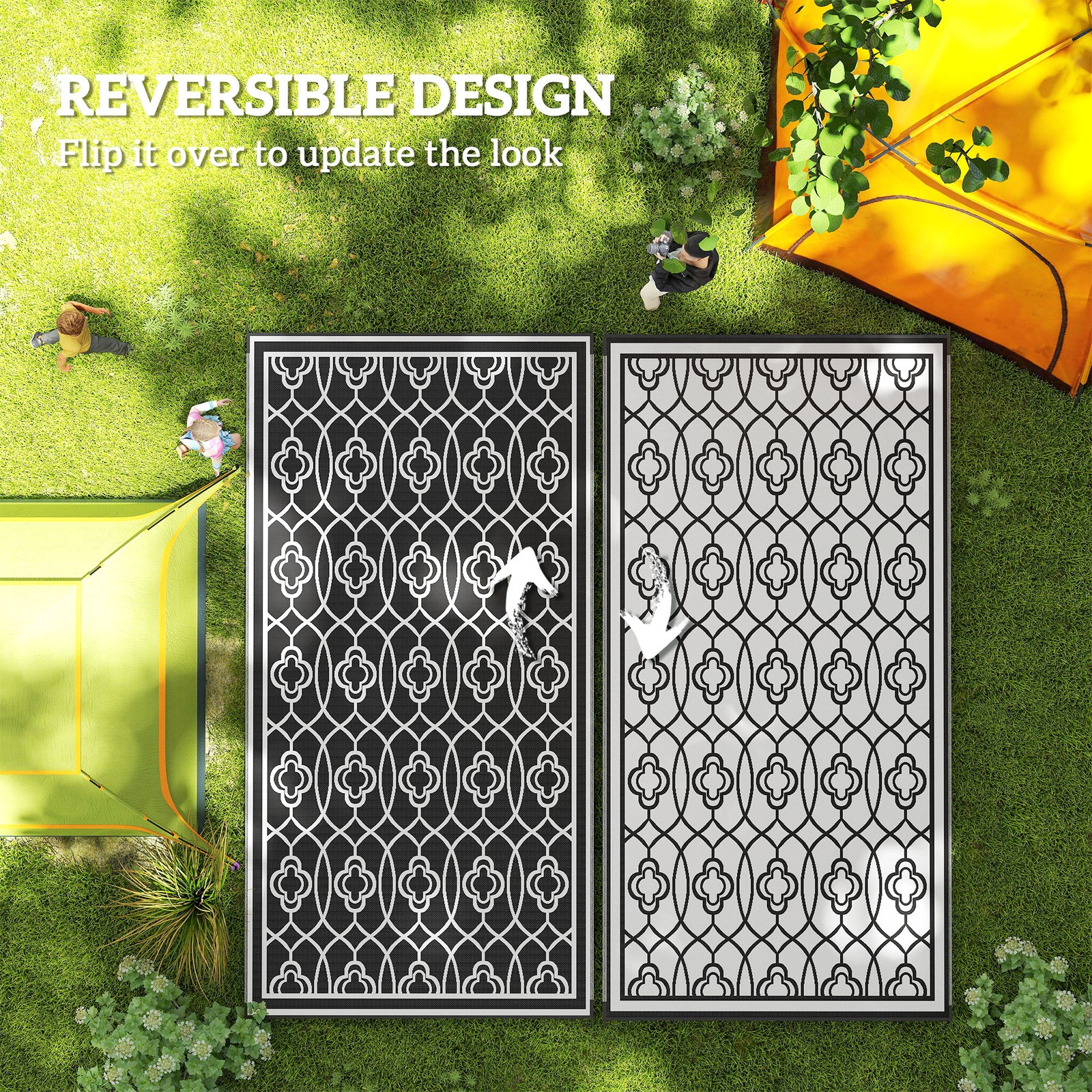 Outsunny Outdoor Rug, 9′ x 18′ Floor Mat, Black White Lantern