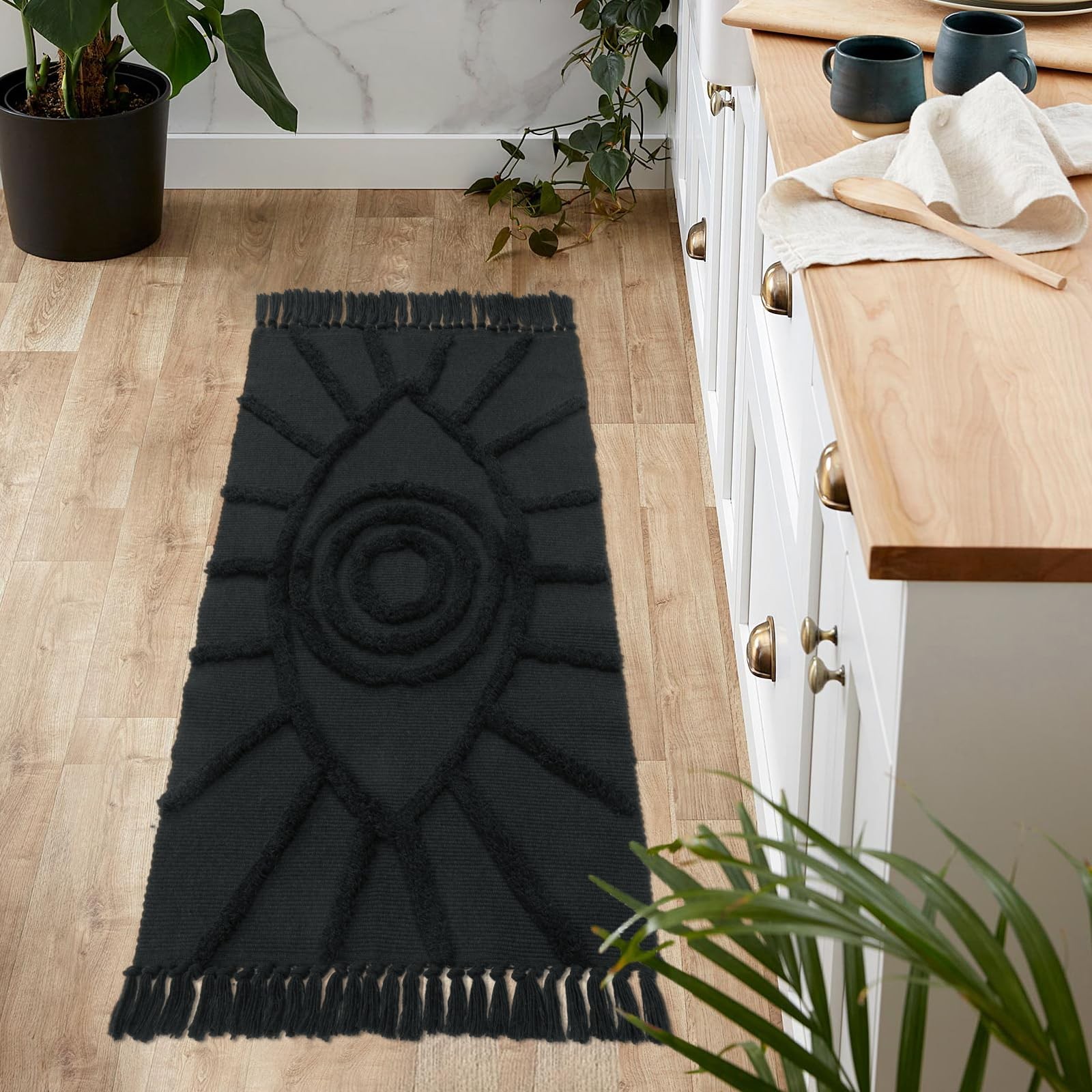 Kitchen Rug 2’x4.3′ Washable Evil Eye Tufted Bathroom Runnner Rug with Tassel…