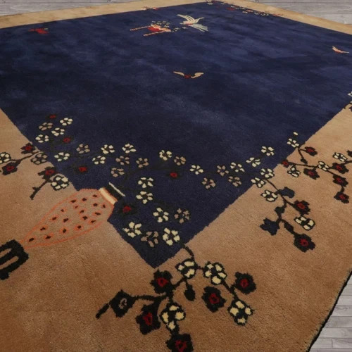 Navy Hand Tufted Wool Area Rug Multi Sizes Art Deco , Oriental Rug Carpet