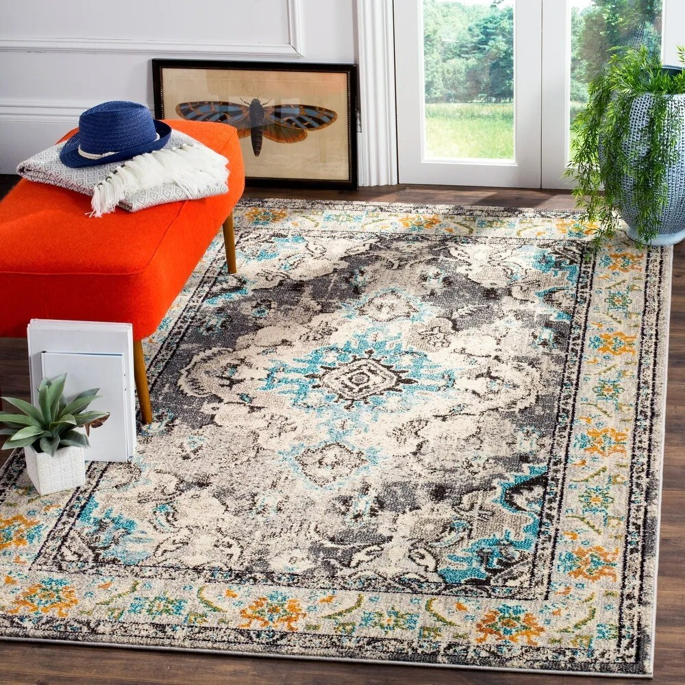 10×14 Rug Boho Area Vintage Style Carpet Grey Blue Decor Oriental Floral Retro