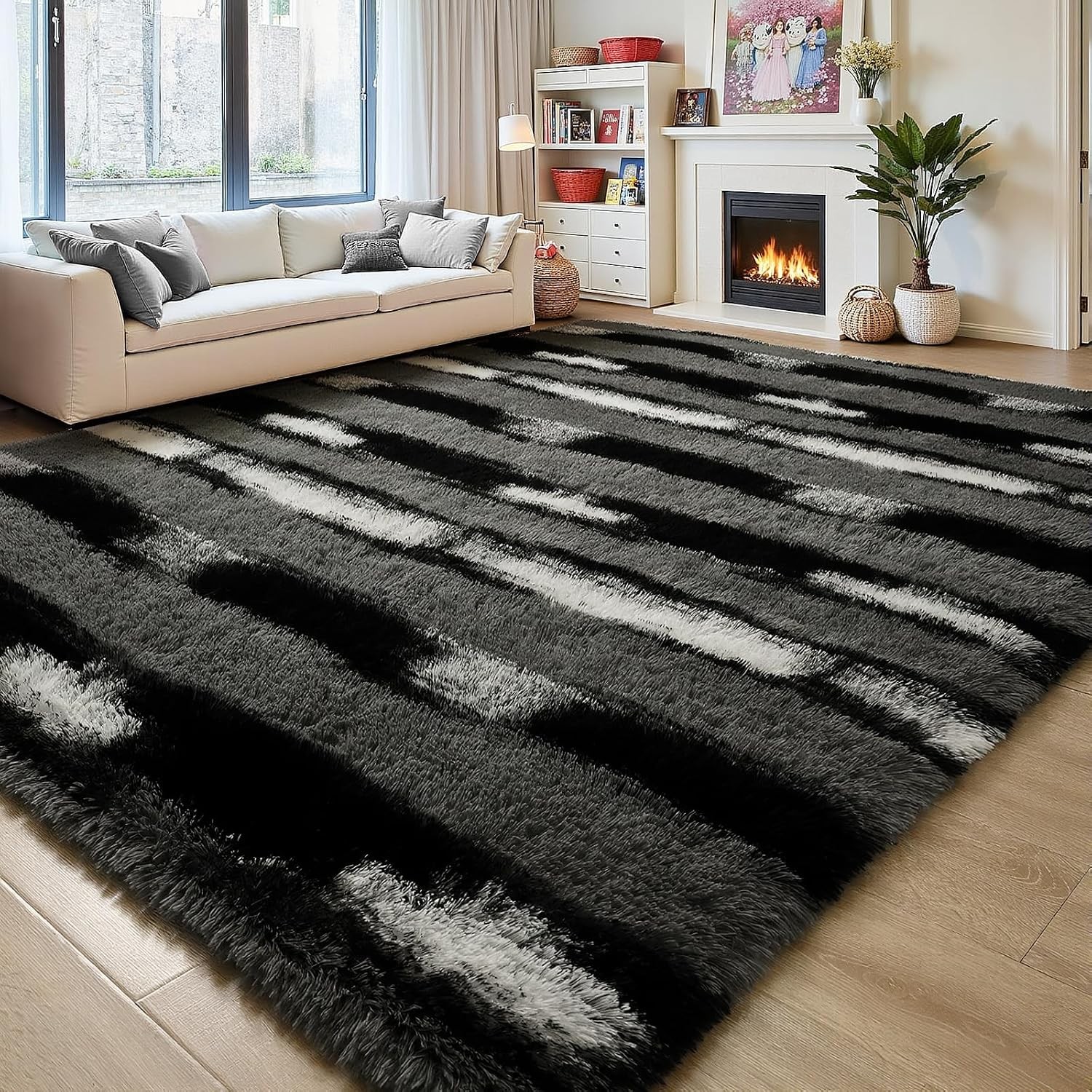 Fluffy Area Rugs for Bedroom Living Room, 4×6 Black and Grey Soft Plush Striped