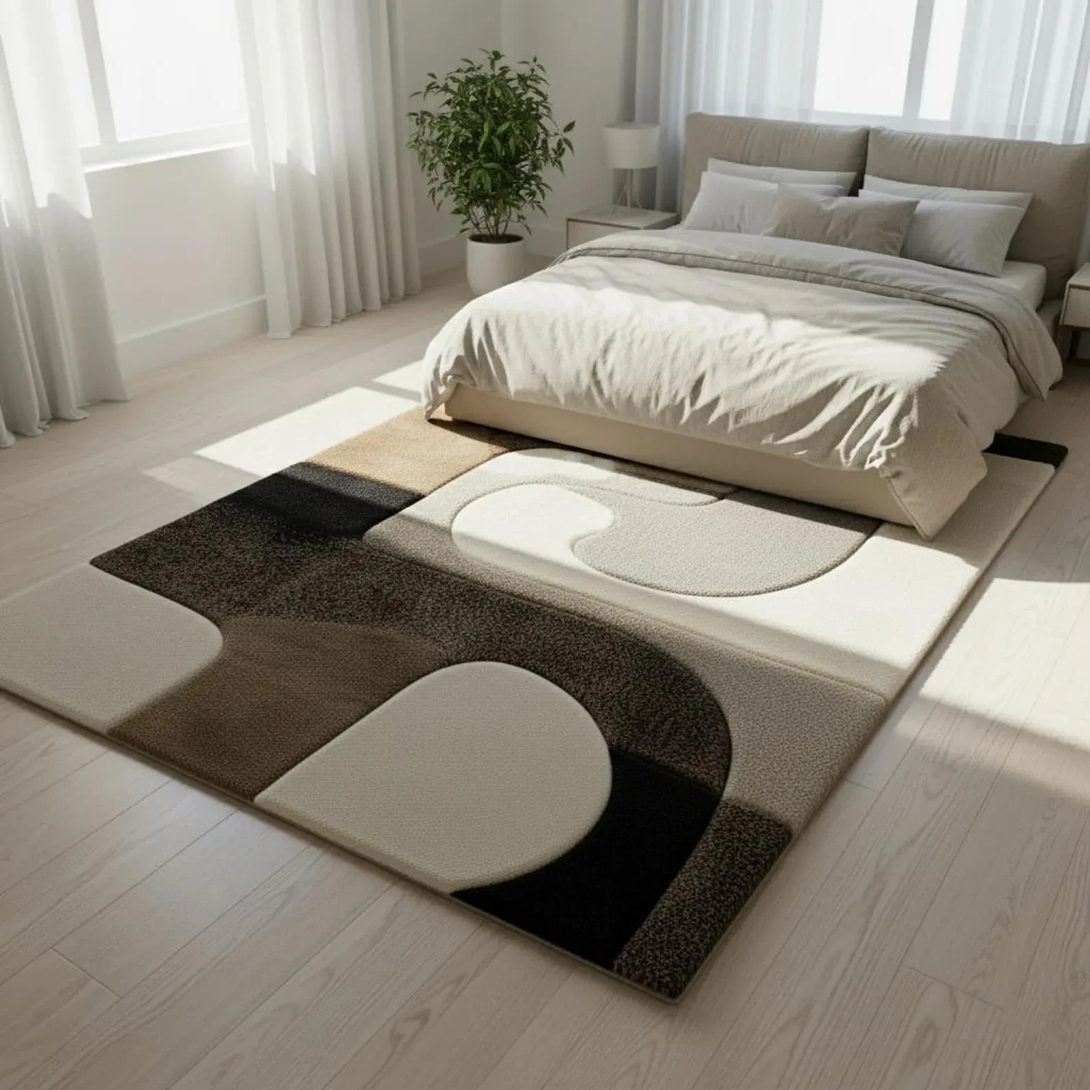 Hand Tufted Wool Area Modern Abstract Geometric Blocks Beige Brown Black Carpet