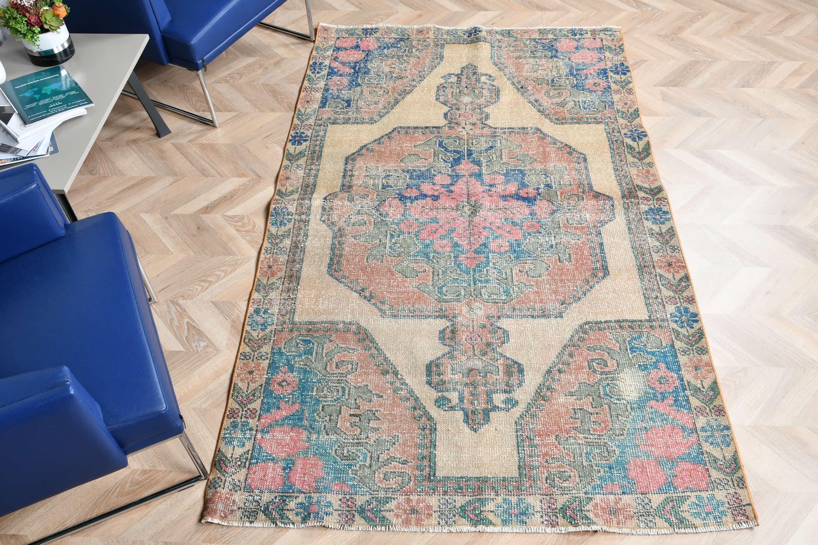 Turkish Vintage Area Rug 4,4×7,4 ft, Blue Wool Rug