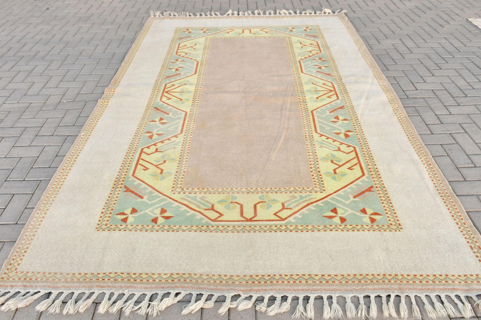 Turkish 6,8×10,4 ft Rug, Vintage Rug, Beige Floral Wool Rug