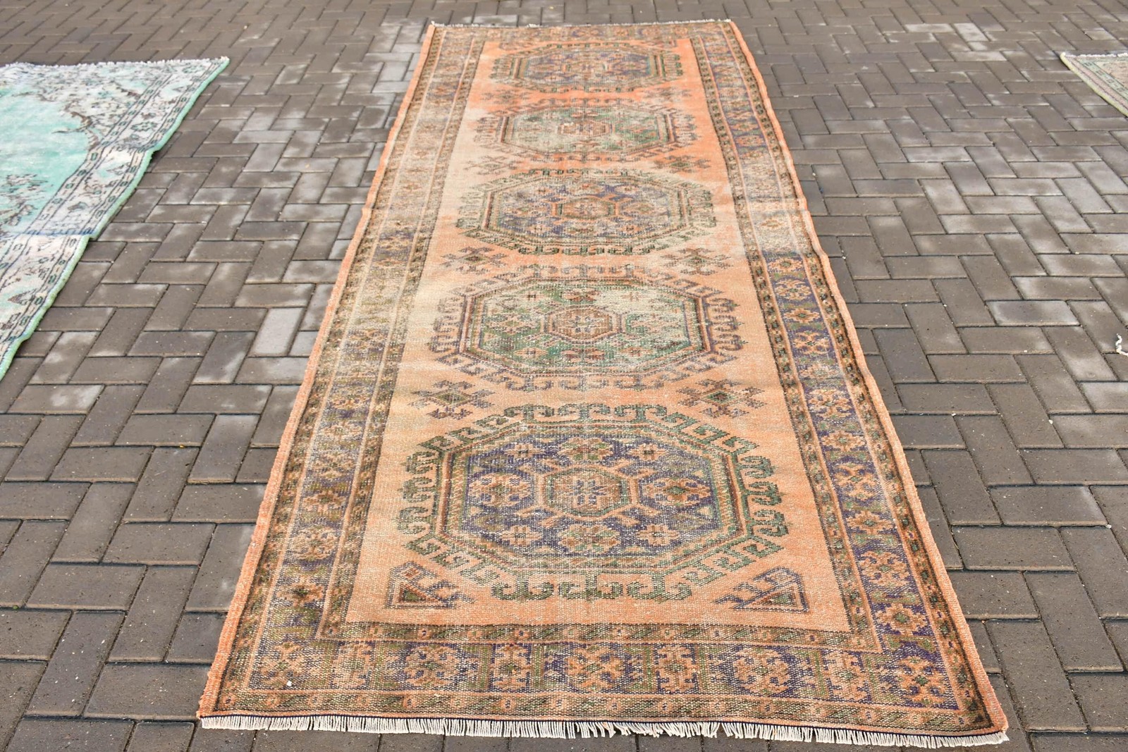 4,3×7,8 ft Turkish Area Rug, Orange Blue Vintage Camouflage Wool Rug