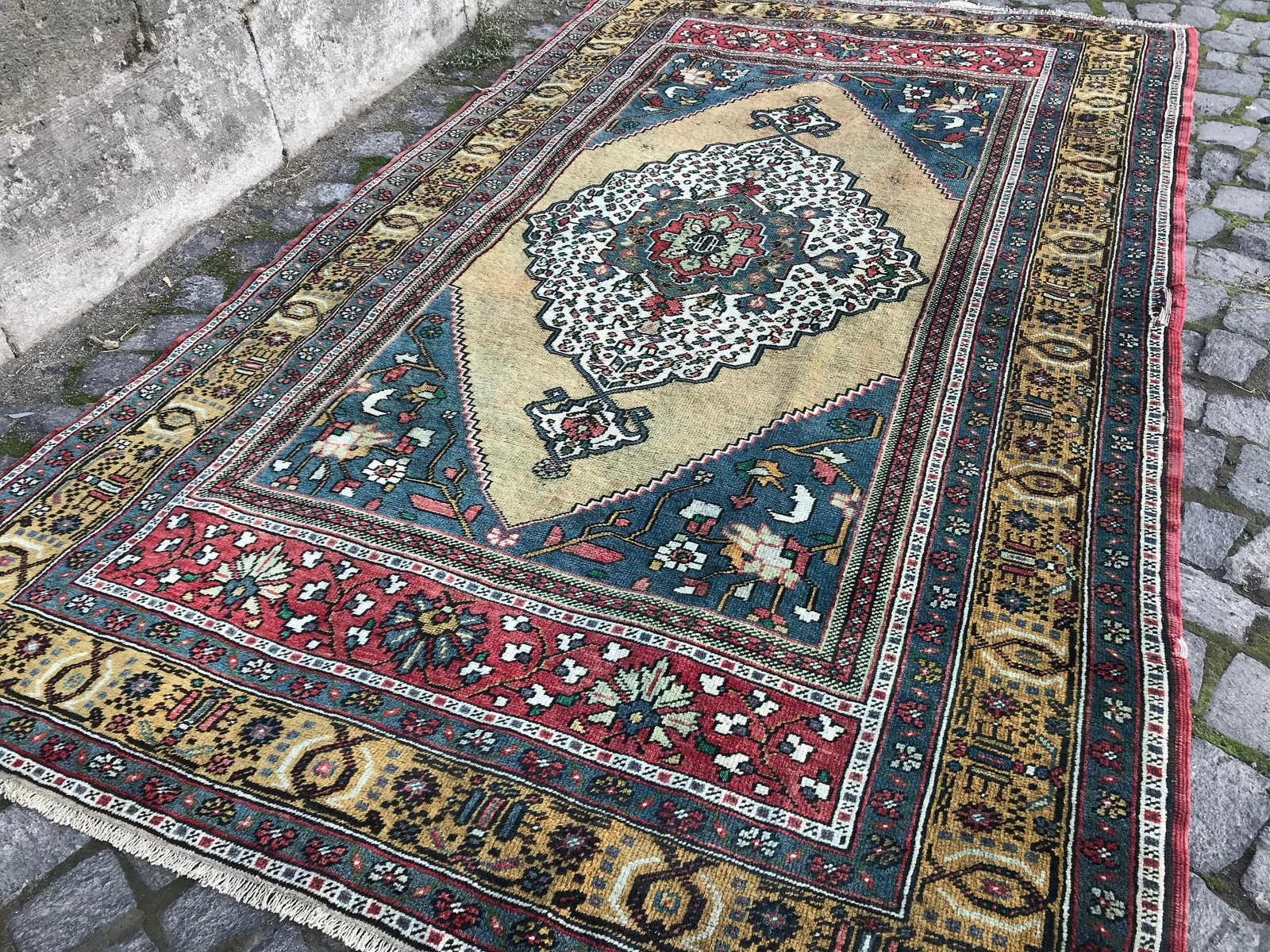Turkish Rug, 4,9×8,2 ft Vintage Rug, Blue Yellow Polka dot Wool Rug
