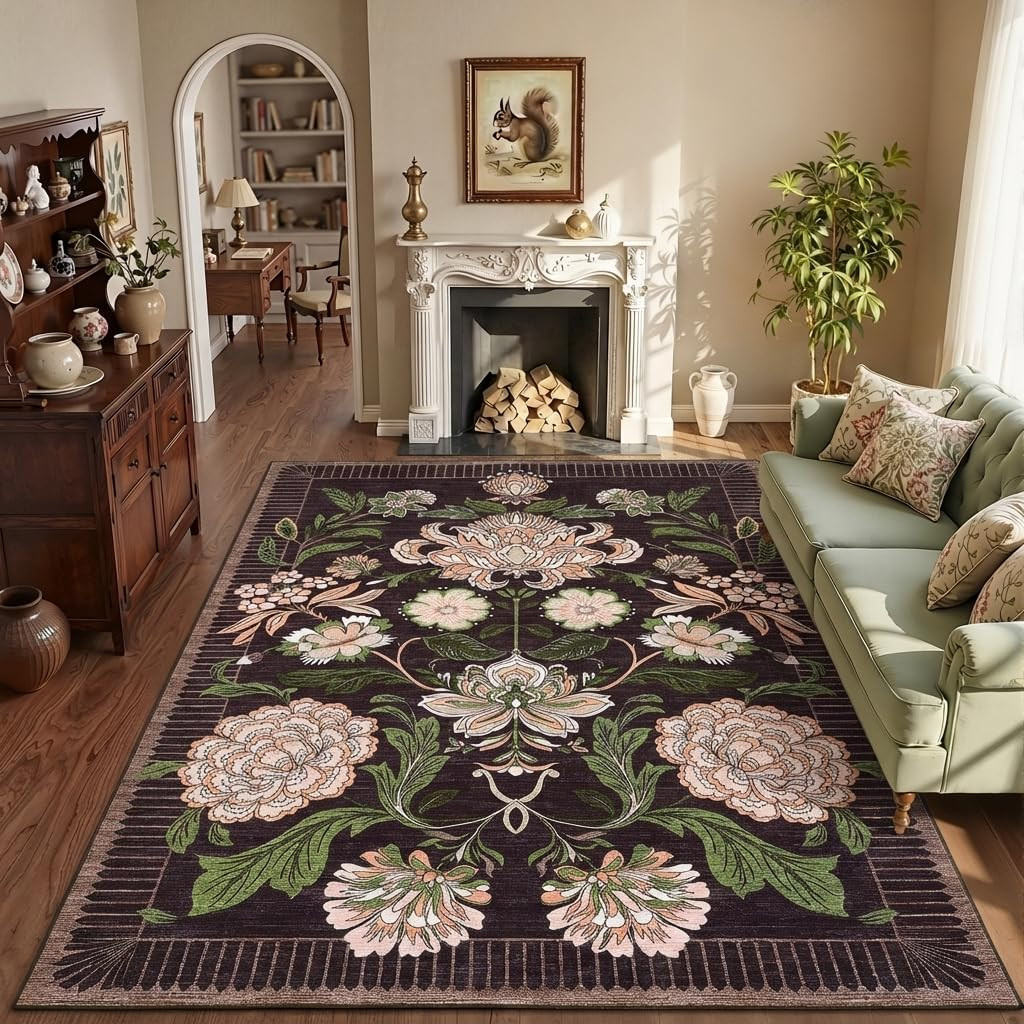 Plum Pink Floral Christmas Washable 5X7 Rug for Living Room, Black Purple Vintag