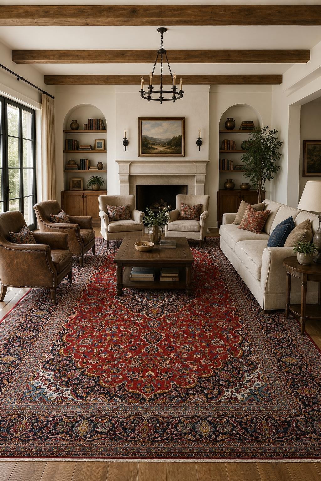 10×13 Traditional Medallion Hand-Knotted Wool Area Rug in Red & Blue Hues