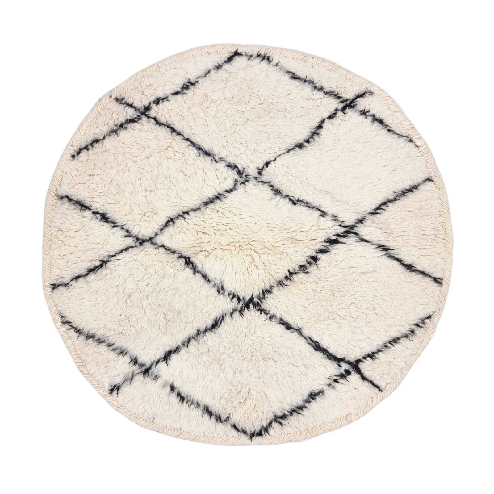 Round Moroccan Handmade Beniourain Rug3’2×3’2Berber Geometric White &Black Wool