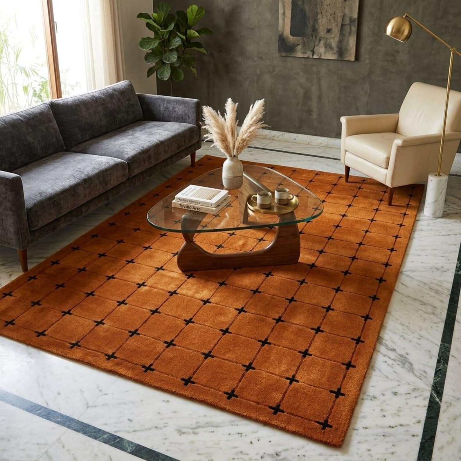 Handmade Tufted Wool Rug Terracotta Geometric Grid Area Rug Scandinavian Modern