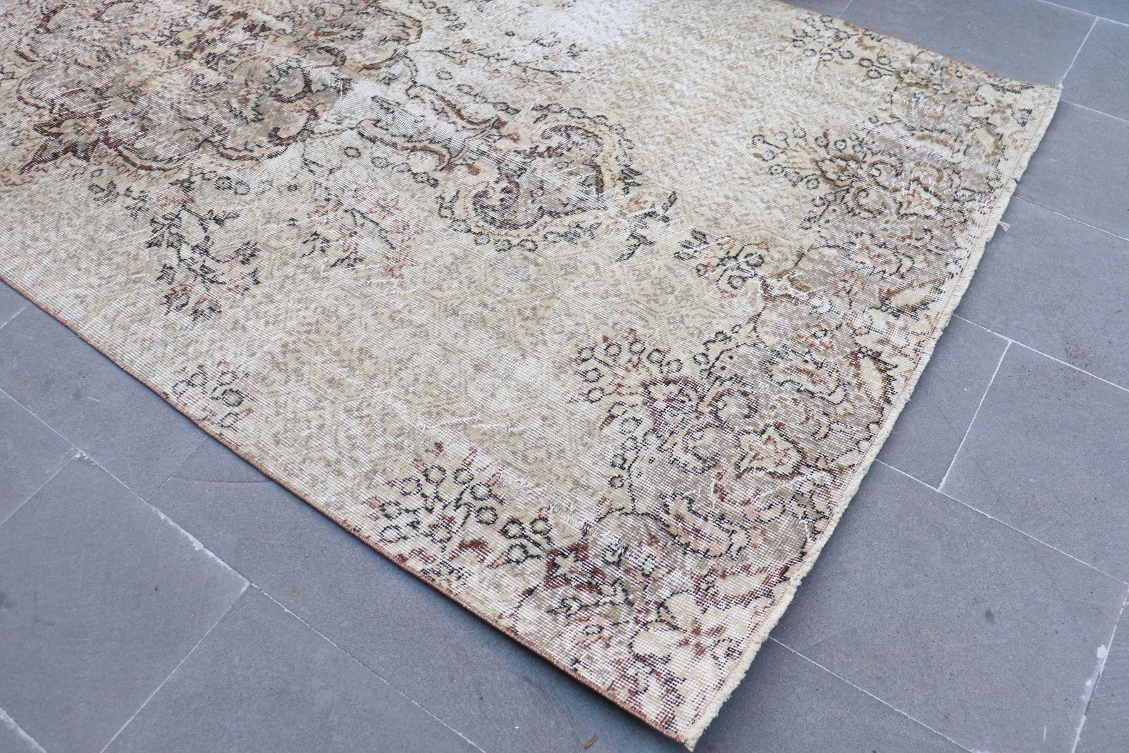 Turkish Vintage Rug, 4,6×10,2 ft Rug, Brown Gray Floral Wool Rug