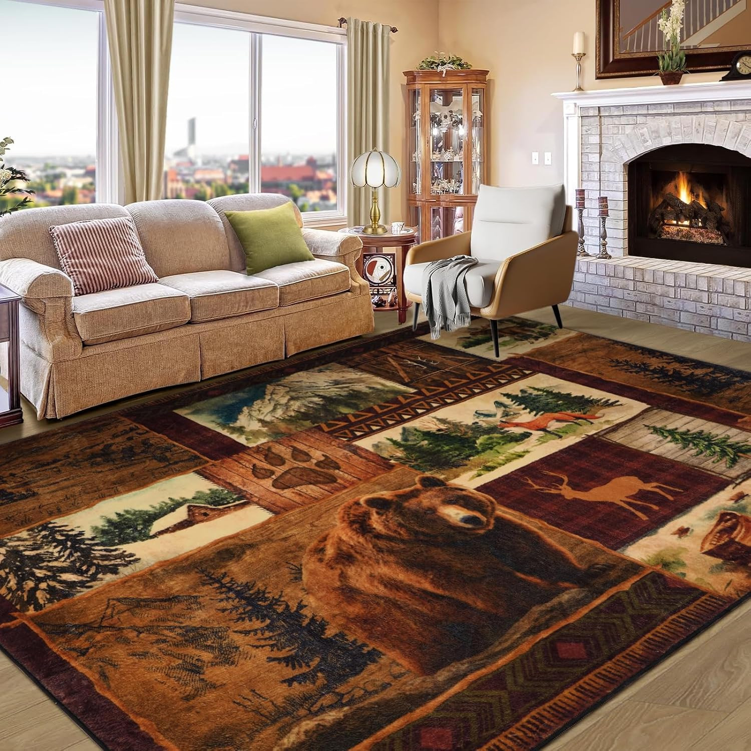 6×9 Rustic Cabin Area Rug Bear Moose Deer Non Slip Washable Lodge Rug
