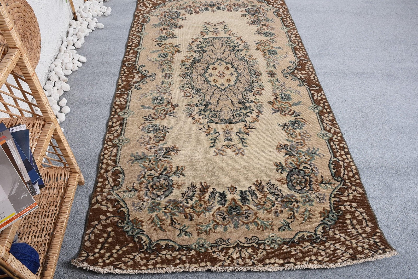 Turkish 3,7×6,9 ft Rug, Area Vintage Rug, Beige Brown Ombré Rug