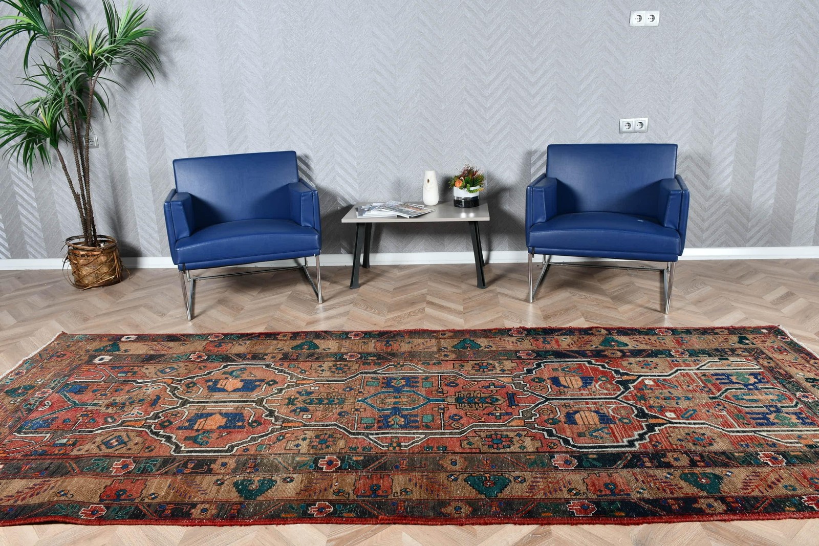 4,5×10,9 ft Turkish Rug, Red Abstract Vintage Rug Wool