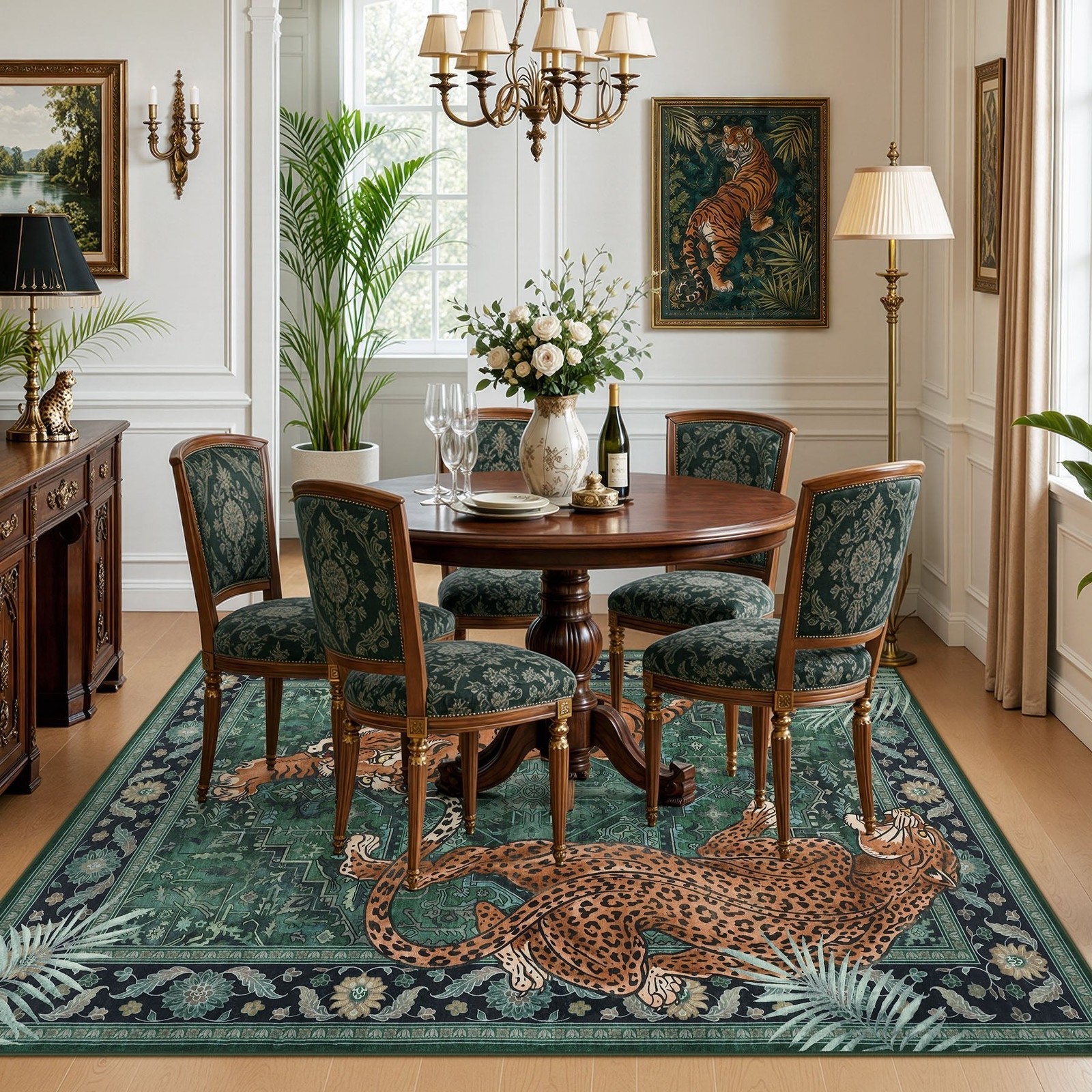 5X7/8X10 Washable Tiger Leopard Print Area Rug, Boho Low Pile Non Slip Carpet