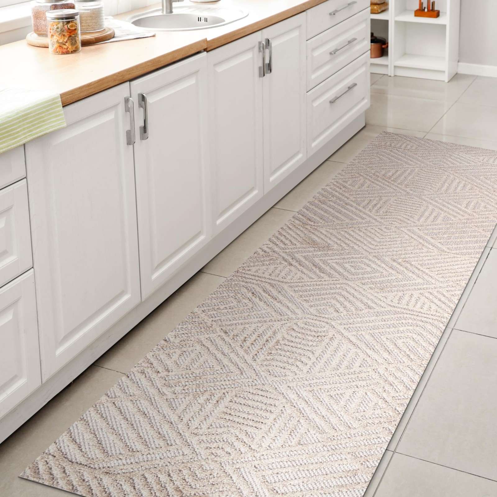 Art Deco Geometric Indoor Outdoor Runner Rug 2X8 Beige, Jordan High-Low Pile …