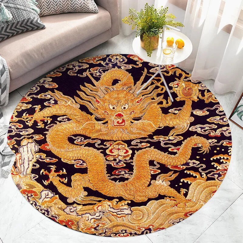 Retro Round Dragon Pattern Carpet Living Room Bedroom Non-Slip Floor Mat