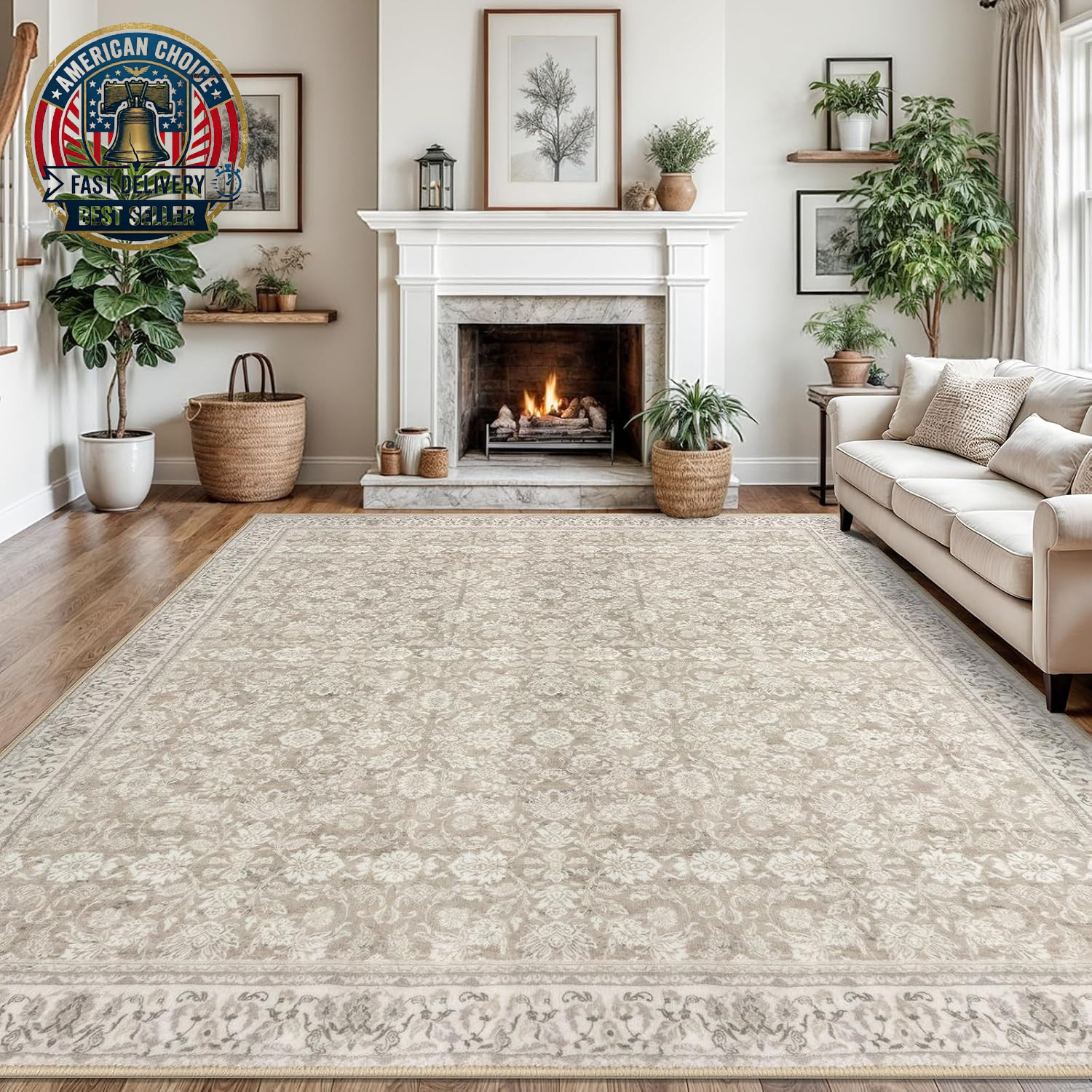 9X12 Area Rug, Cream Beige Yellow White Grey Large Washable Rug for Living Room