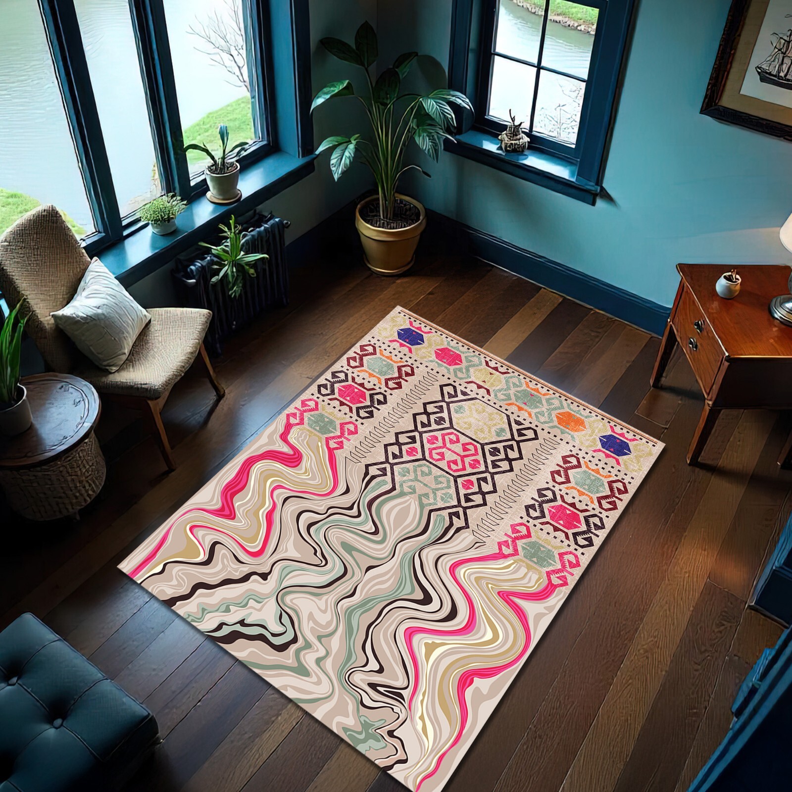 Ethnic Cream Beige Color Tribal Melting Rug Boho Liquid Carpet Ethnic Mat