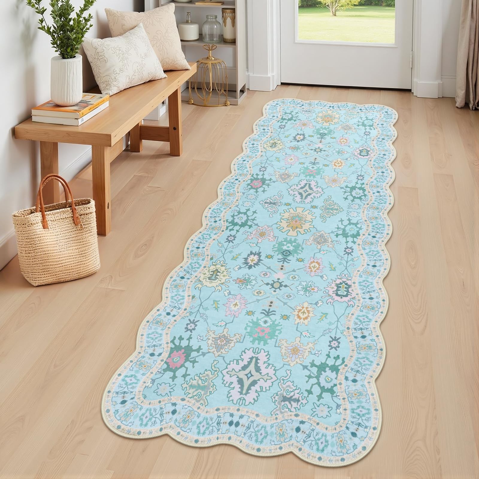 Oushak Scalloped 2×6 Runner Rug, Boho Floral Blue Runners for Hallways 6ft, N…