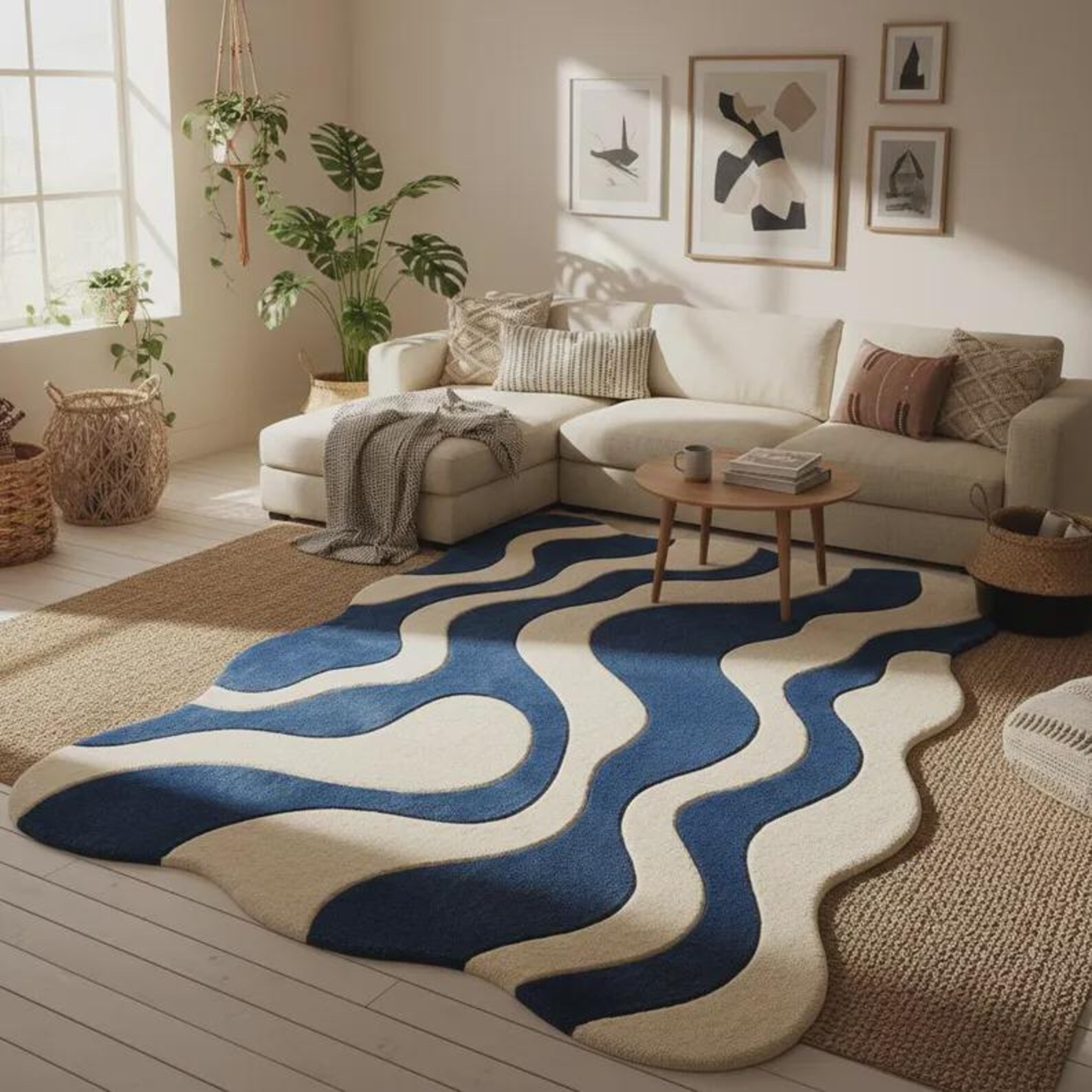 Hand Tufted Wool Rug Blue Ivory Abstract Wave Irregular Modern Rug ,Home Decor