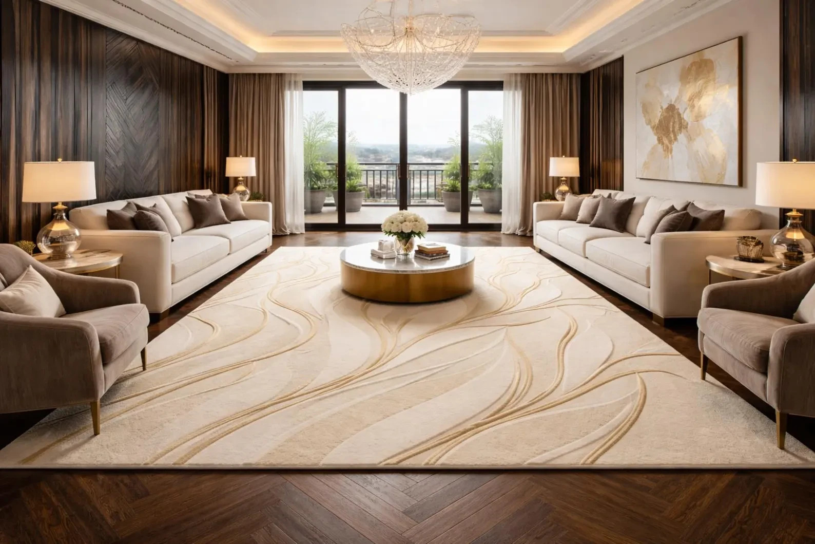 New Modern Cream & Gold Abstract 3D Sculpted Luxury Hand Tufted Wool Rug.