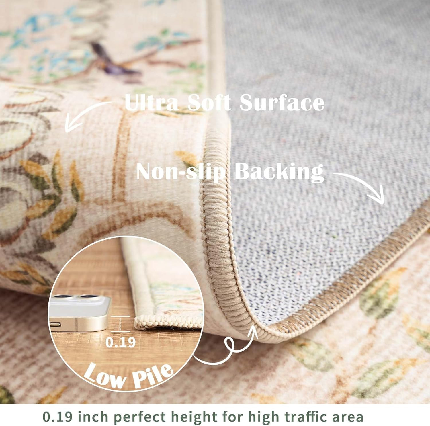 Beige Botanical Birds Round Rug 7Ft – Machine Washable Soft Non-Slip Carpet