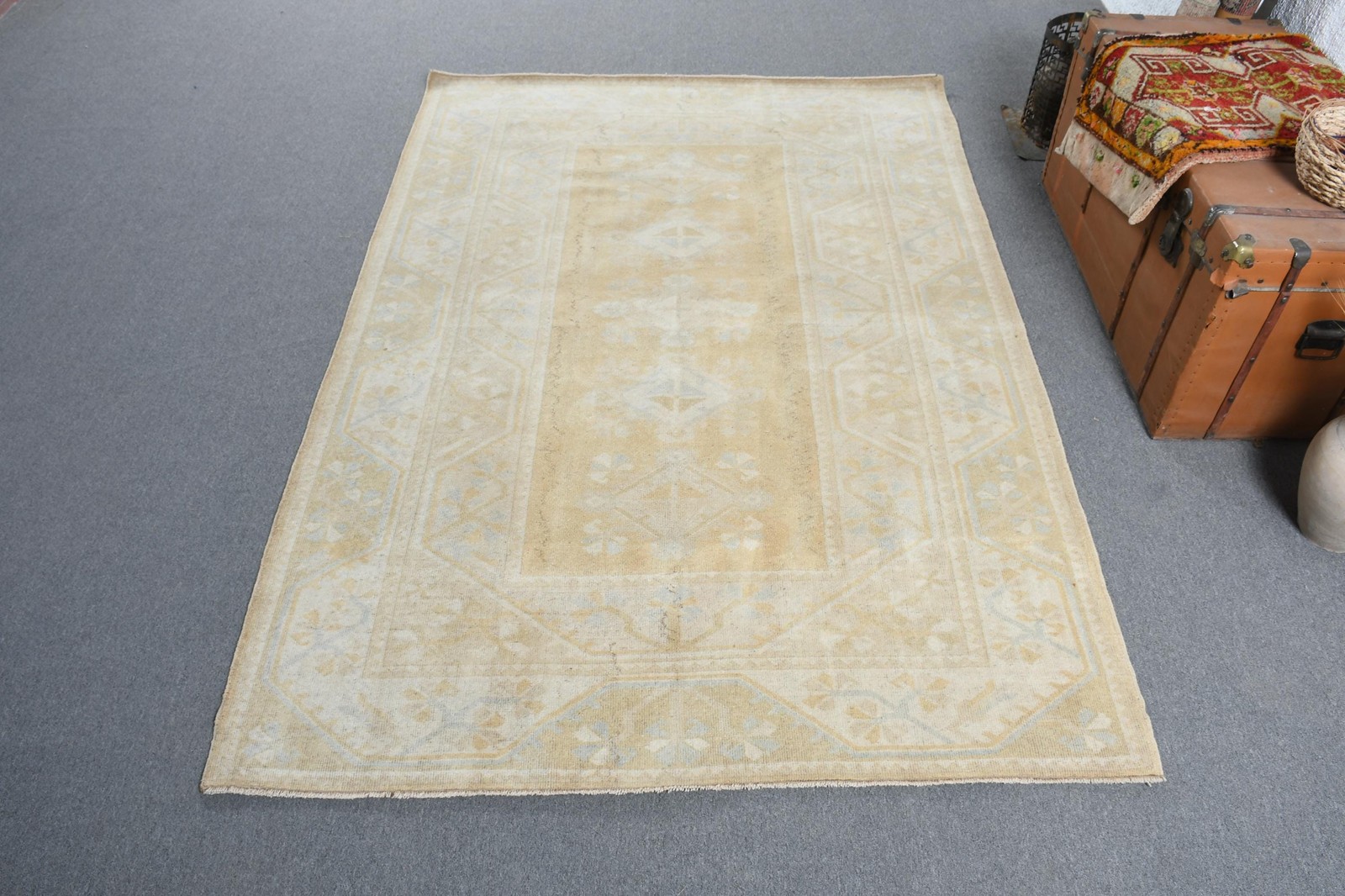 5,2×7,5 ft Rug, Vintage Turkish Rug, White Ikat Wool Rug