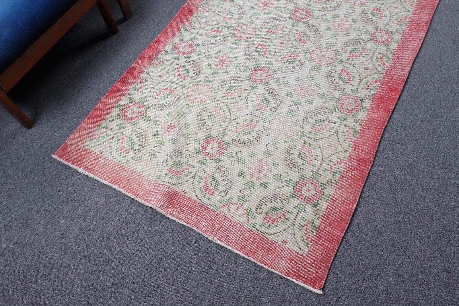 Vintage Rug, 3,7×6,7 ft Area Turkish Rug, Red Green Floral Rug