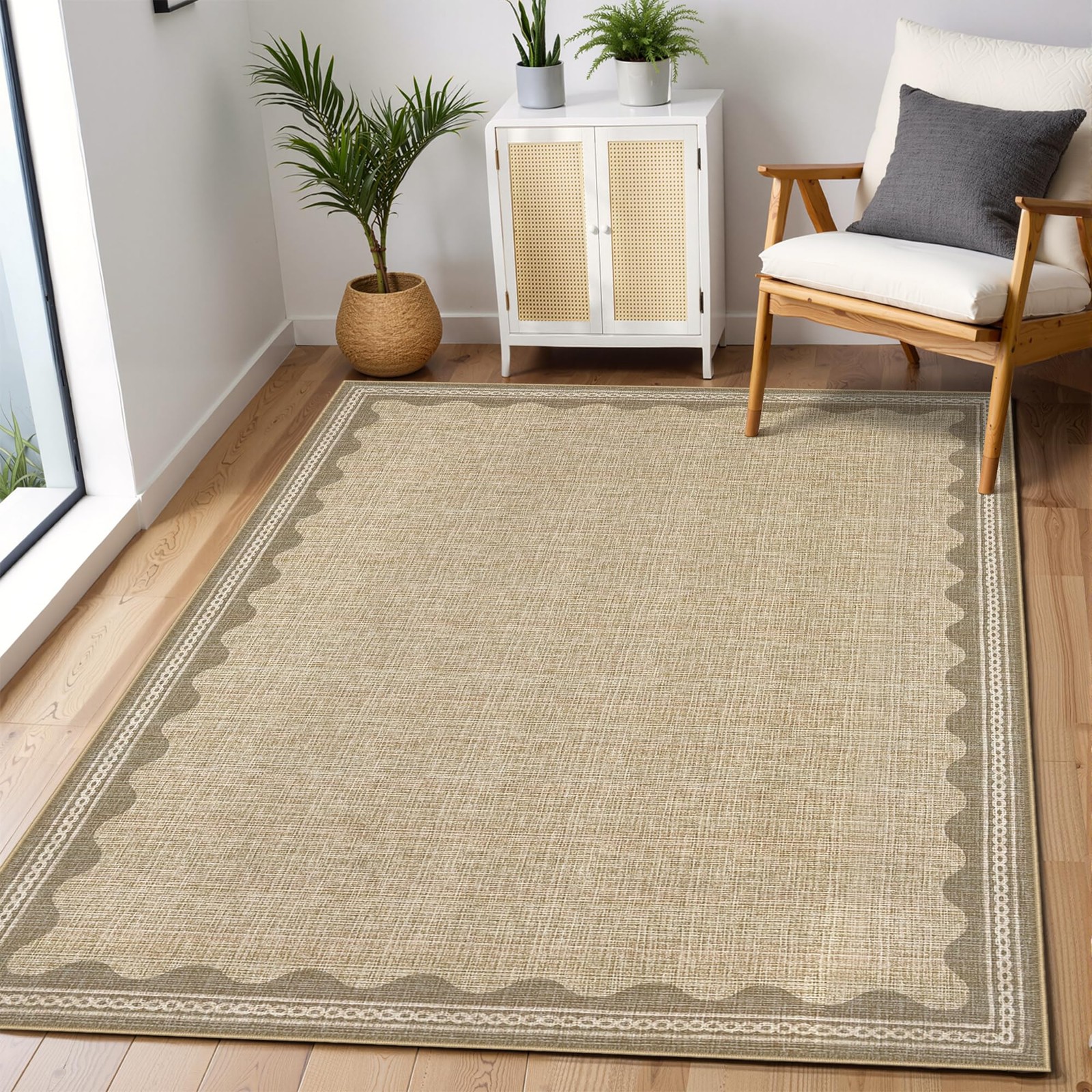 Scalloped 4 x 6 Rug Non-Slip Washable Low-Pile Carpet – Solid Tan Jute Digita…