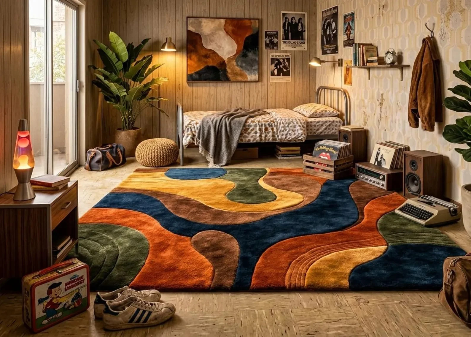 Mid Century Modern Hand-Tufted Retro Earth Tone Decor Rug Large Abstract 3d Rug.