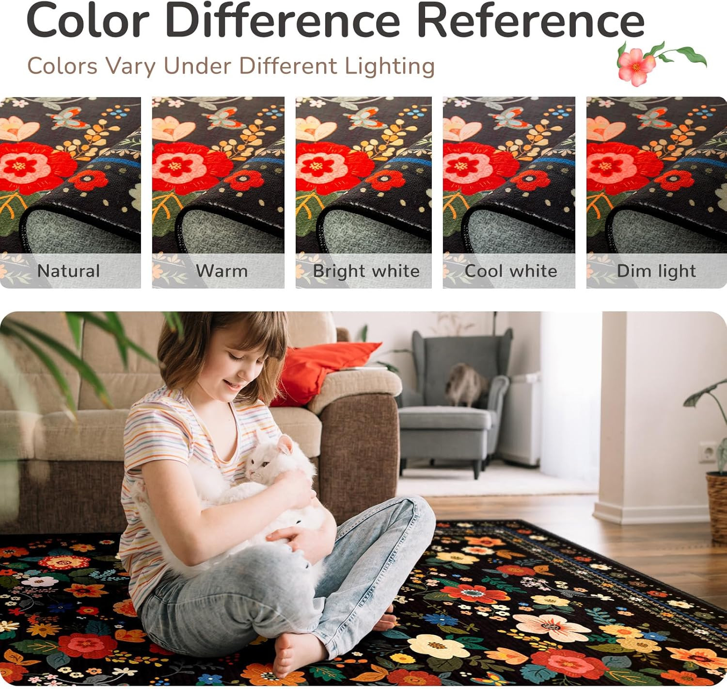 5X7 Area Rugs for Living Room Vacuum-Friendly Machine Washable Area Rug Flower F