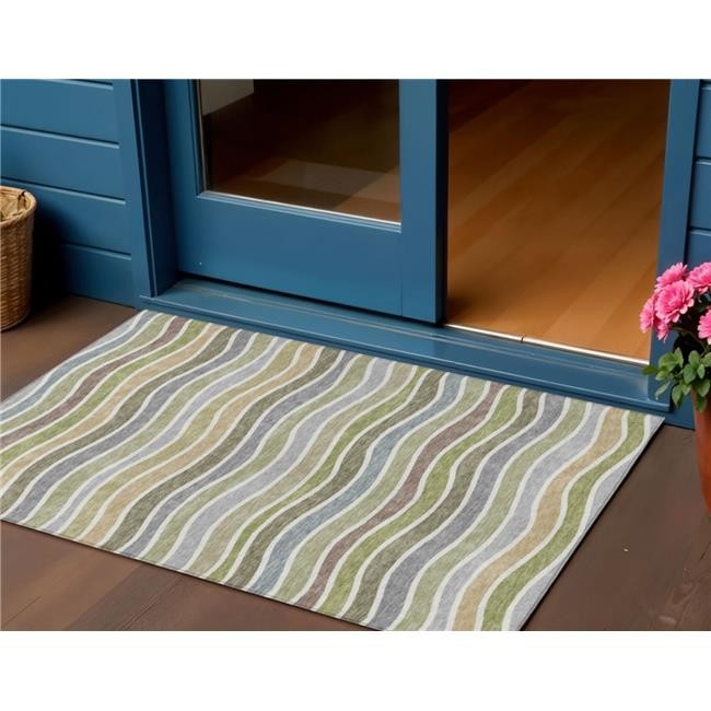 3×5 ft. Fern Green Ivory & Wheat Striped Washable Transitional Indoor & Outdo…