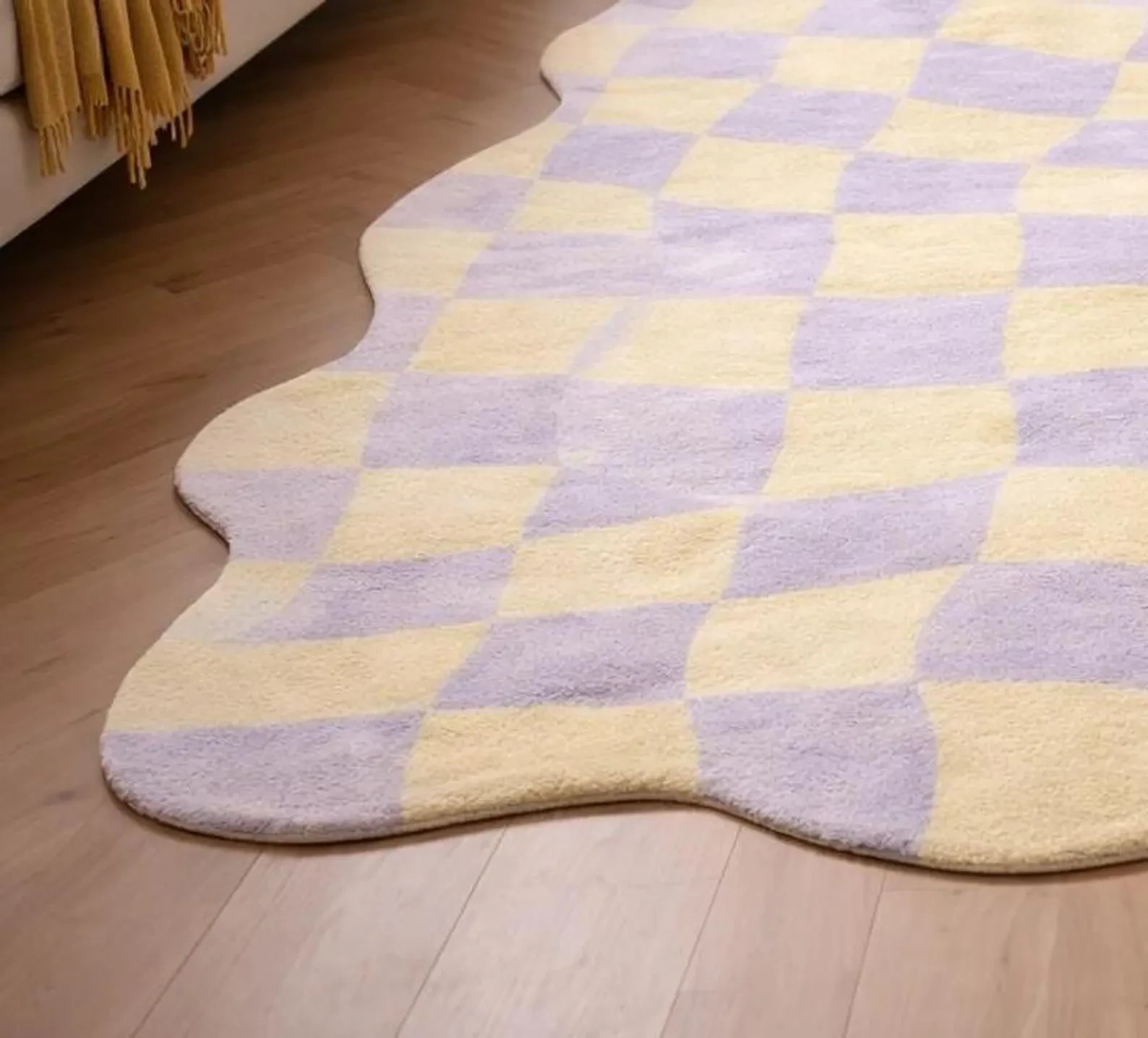 Checkered Hand Tufted Wool Rug Irregular Scalloped Area Rug, Modern Designer 6×9