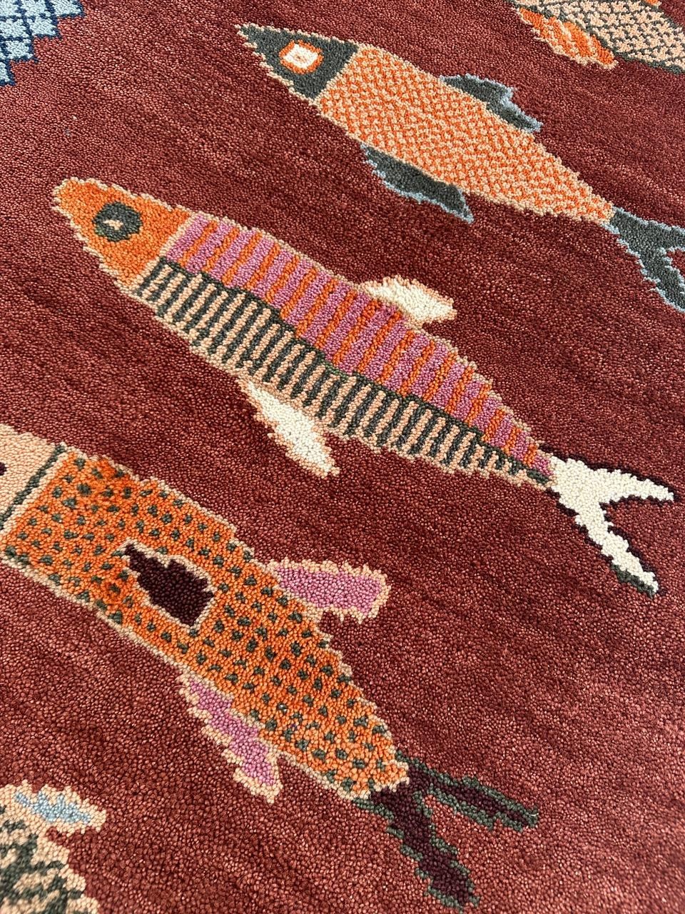 Hand Knotted Wool Fish Rug Runner | Tribal Boho Nautical Anatolian, 100% Wool