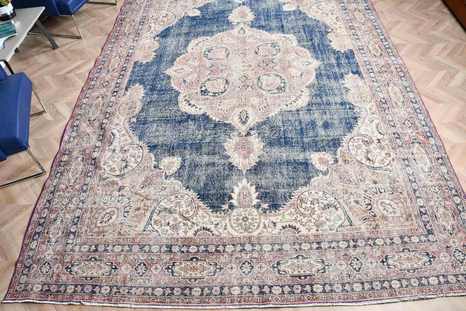 Turkish Oversize Rug 8,4×12,3 ft (257×376 cm), Vintage Blue Ombré Rug