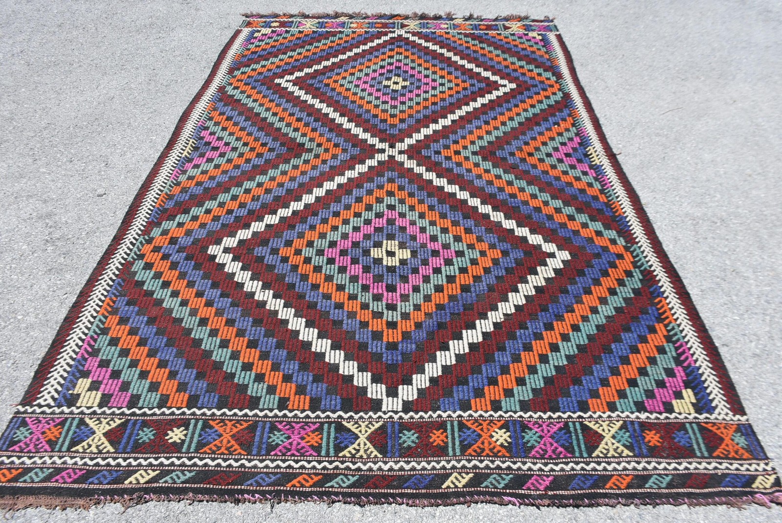 Vintage Turkish Rug, Large 6×9,5 ft (183×290 cm) Rug, Blue Striped Wool Rug