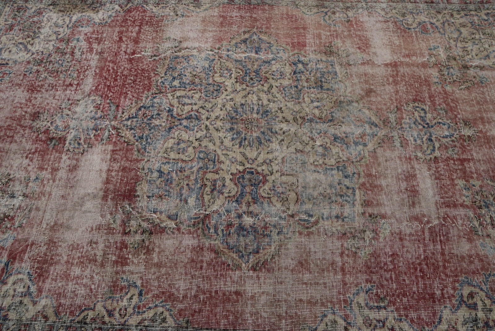 Turkish Vintage Rug, 7,2×10,2 ft Oversize Rug, Red Blue Ikat Rug
