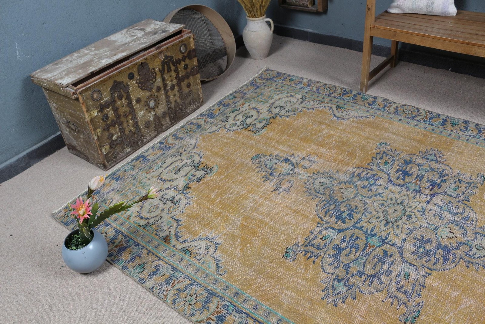 5,9×8,9 ft Rug, Turkish Rug, Vintage Yellow Wool Floral Rug