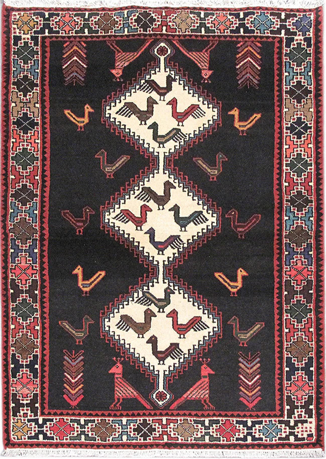 3.7 x 5 Perrsian Tribbal Carpet Hand-Knotted Irran Black Premitive Birds