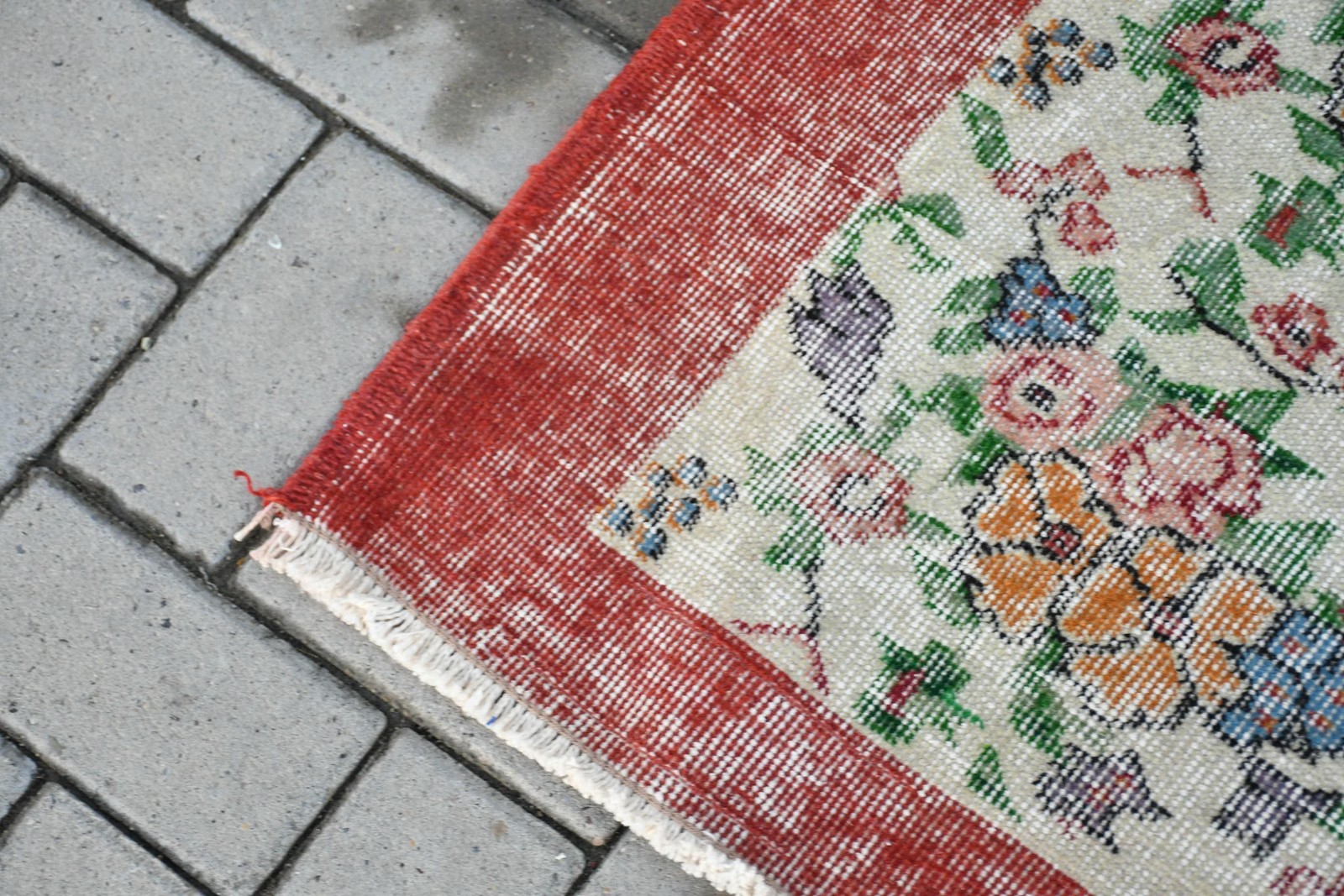 Turkish Vintage Rug 3,8×6,6 ft, Red Area Camouflage Wool Rug