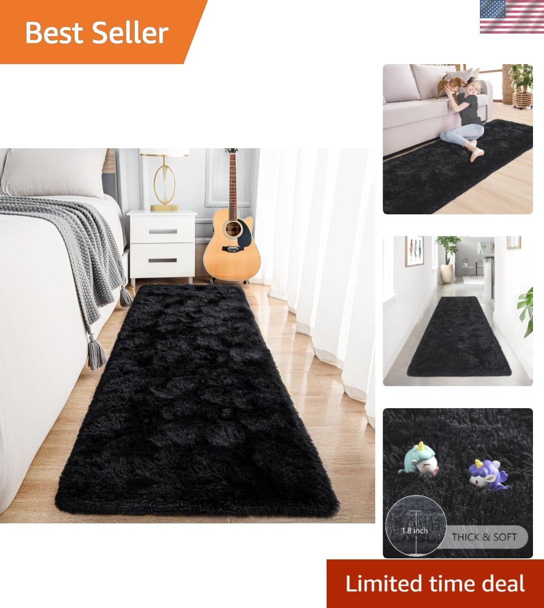 2×6 Black Runner Rug for Bedroom Hallway Living Room, Fluffy Shag Area Rug fo…