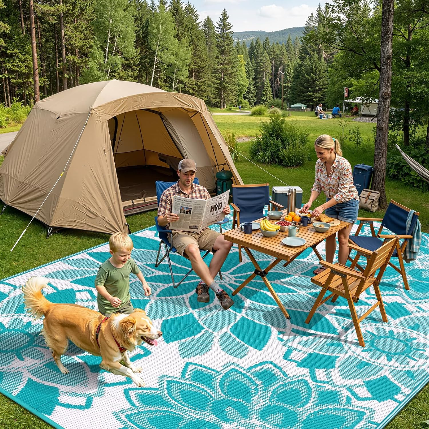 Outdoor Rug for Patio 5X8 Ft Reversible Plastic Straw Patio Camping Rug, Floral